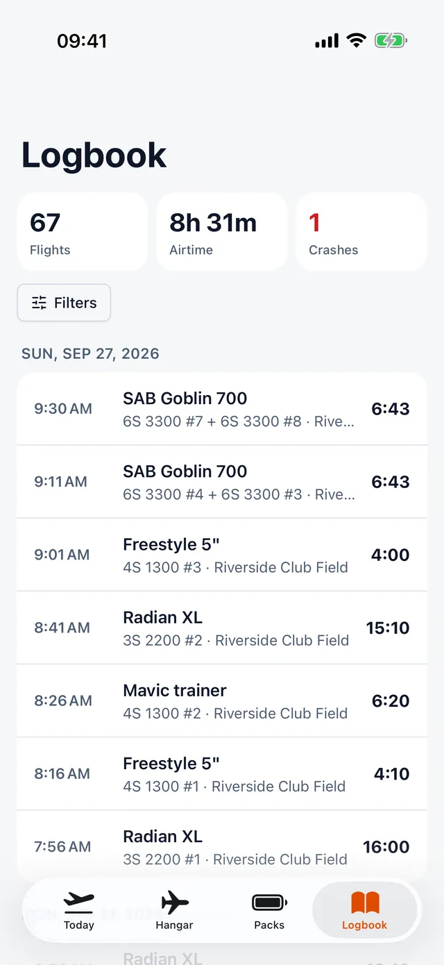 Logbook with flight totals and filters
