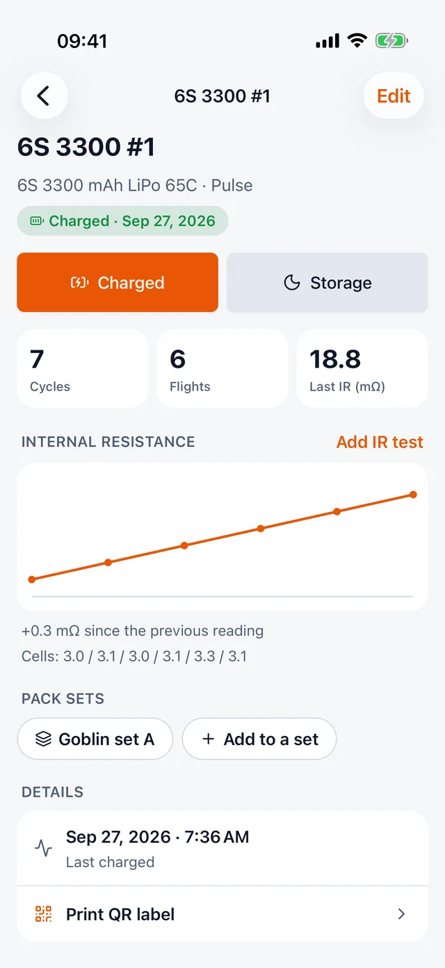 Pack detail with cycle count and internal resistance chart