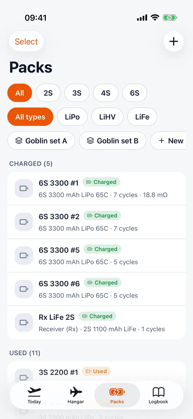 Packs grouped by Charged and Used with cycles and IR
