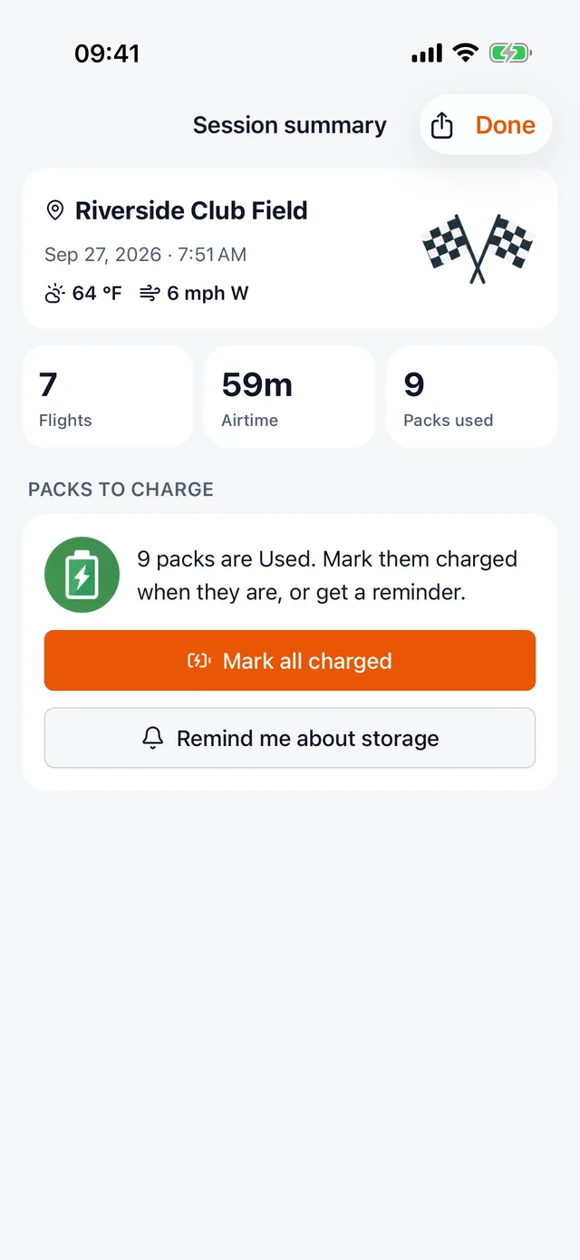 Session summary with field, weather, airtime and packs to charge